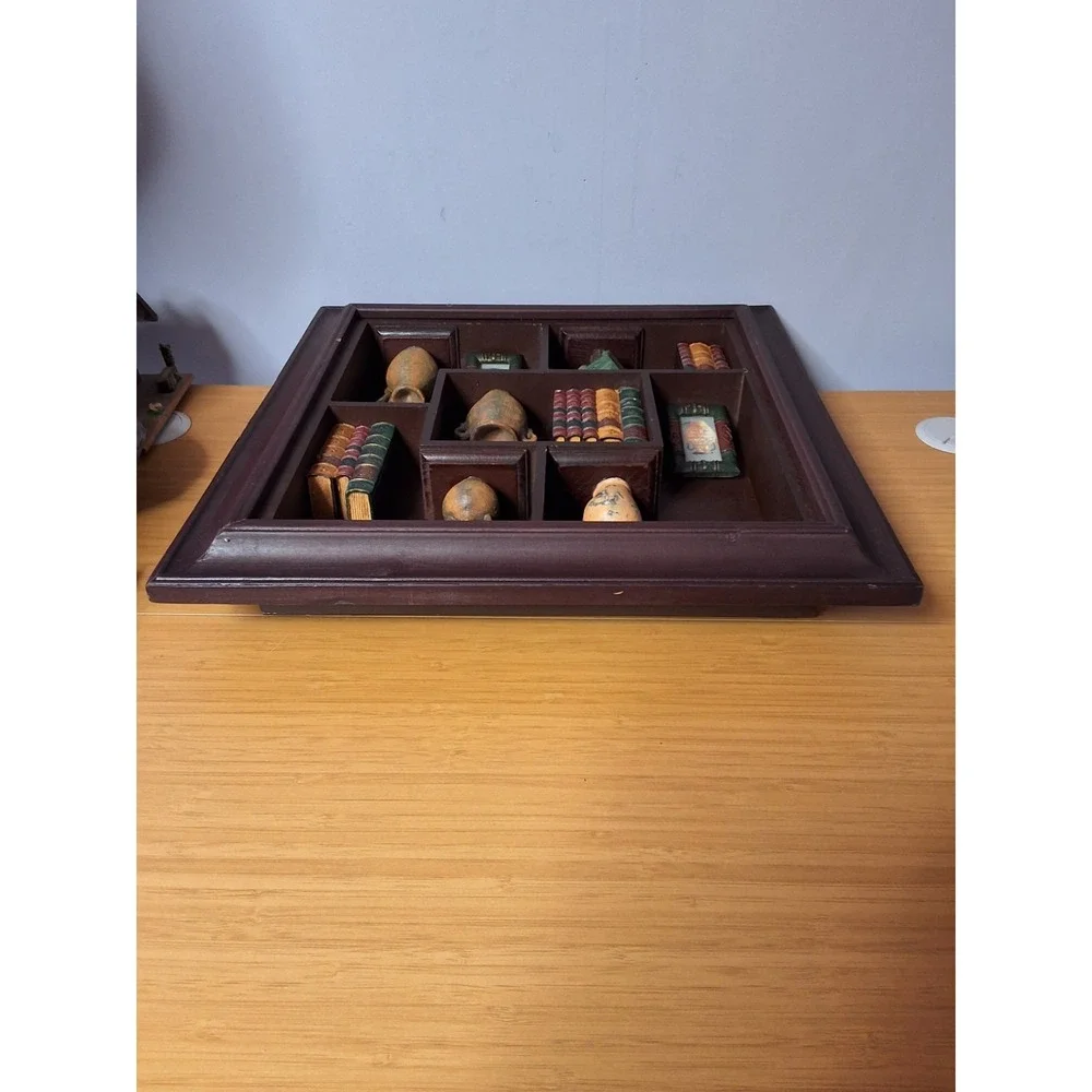 Vintage ‎ Wooden Open-Face Shadow Box Containing Books, Picture Frames And Jugs.